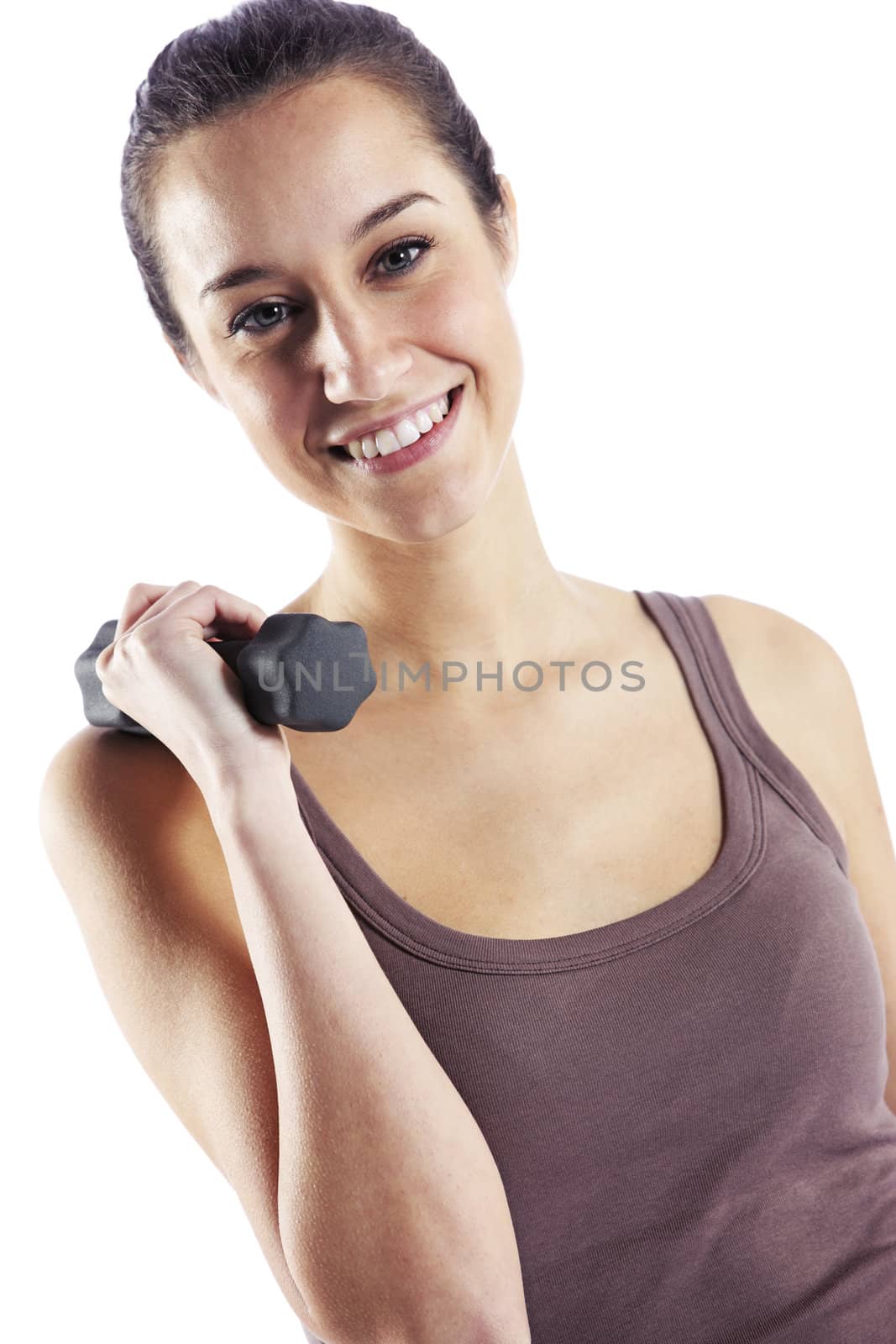 Woman  fitness with dumbbells isolated on white  by stokkete