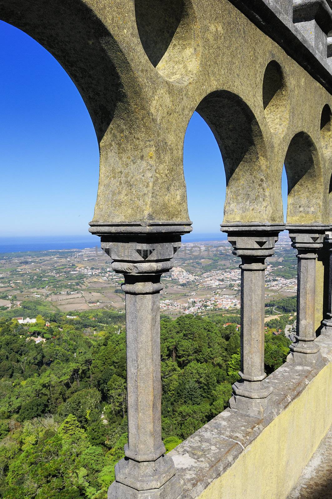 Arabian style arches of a terrace in the Pena palace in Sintra, Portugal