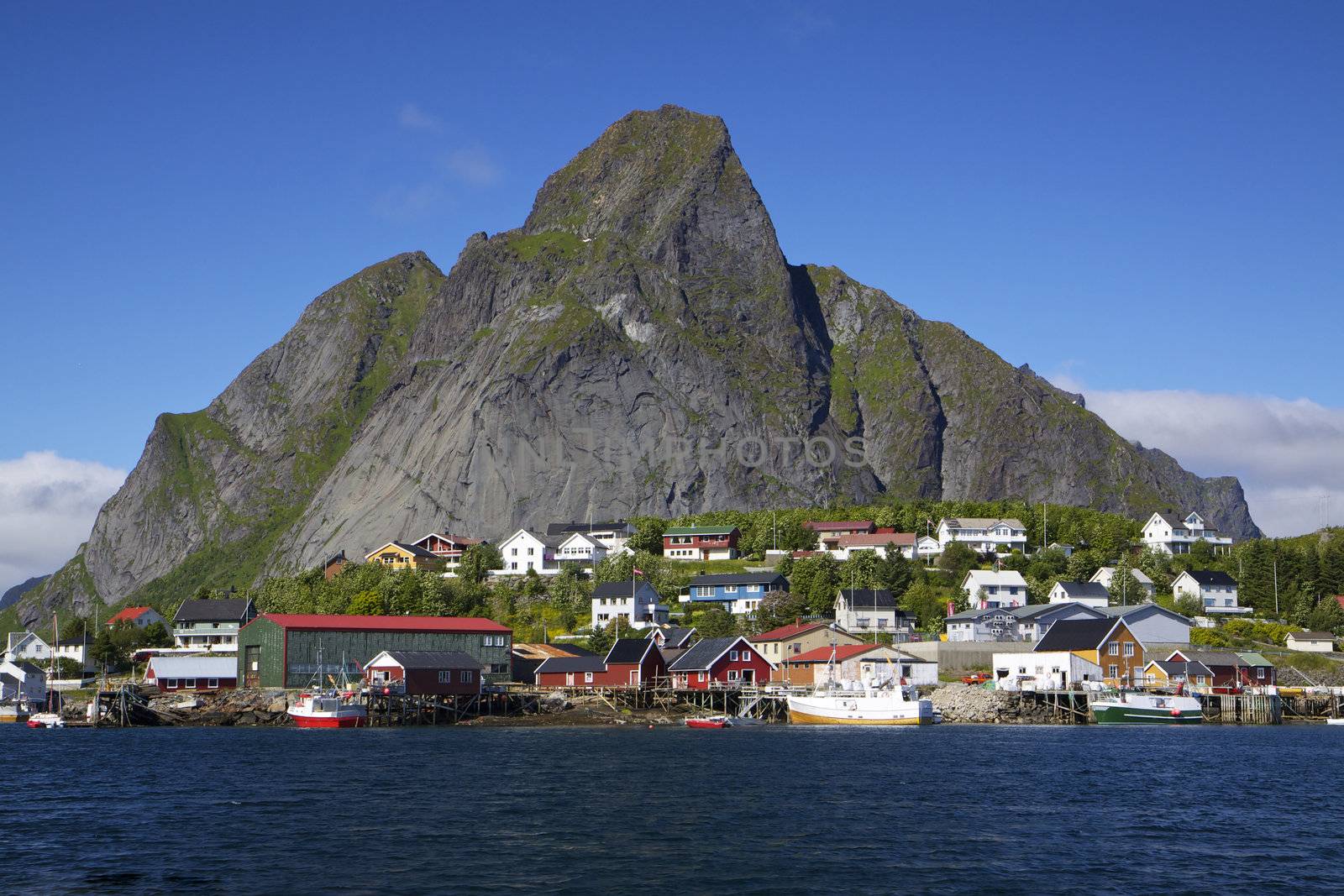 Fishing port in picturesque town of Reine on Lofoten islands in Norway