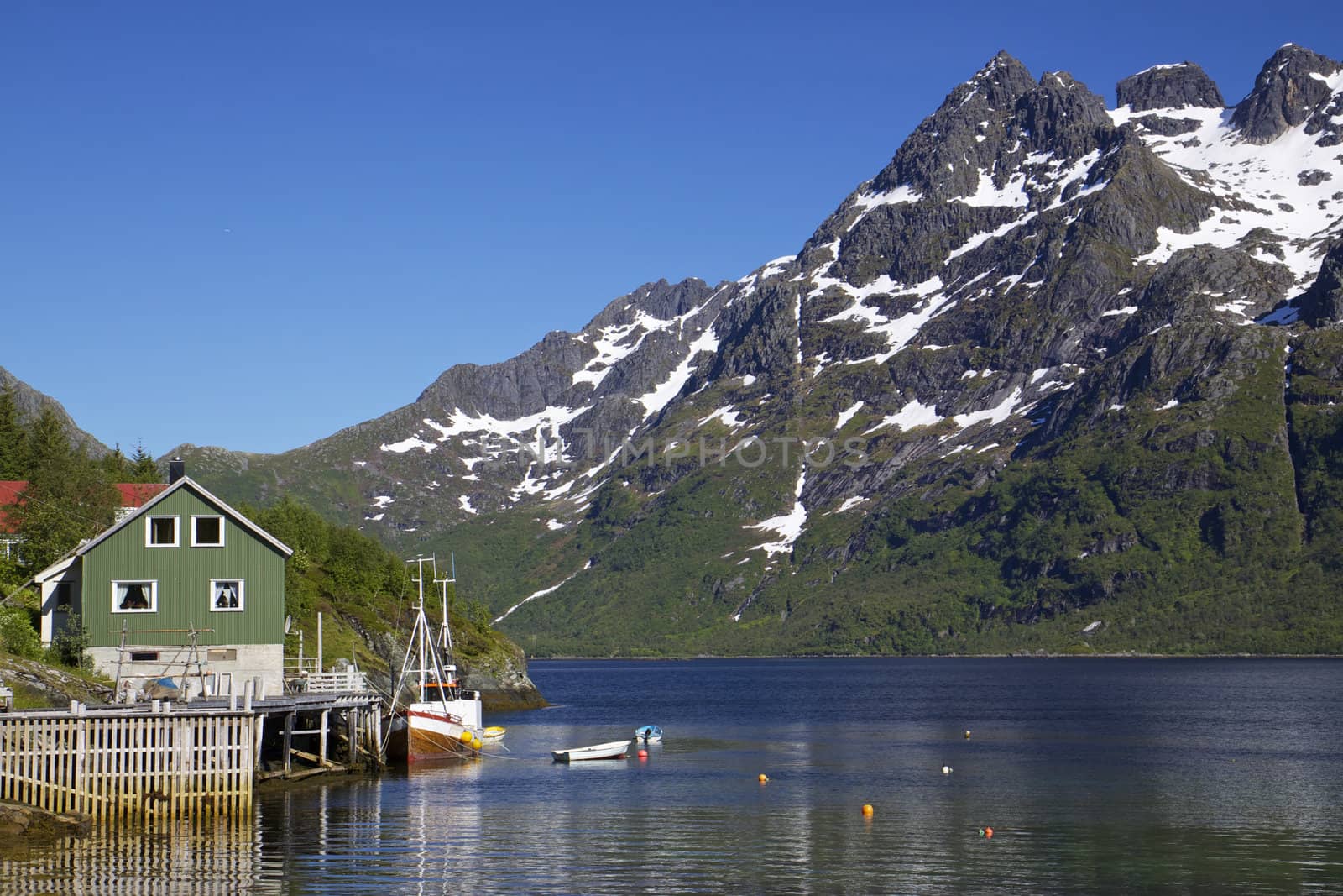 Scenic norwegian fjord on Lofoten islands with traditional fishing boat