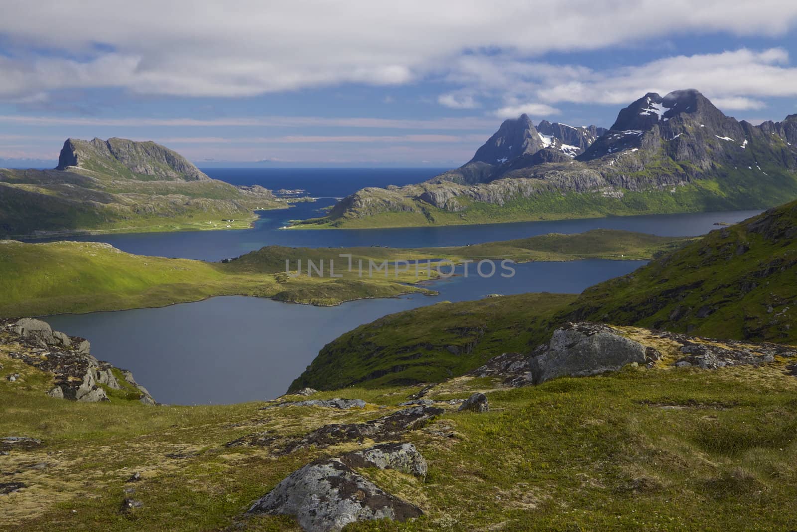 Picturesque panorama on Lofoten islands in Norway with fjords and high mountains with snowy peaks