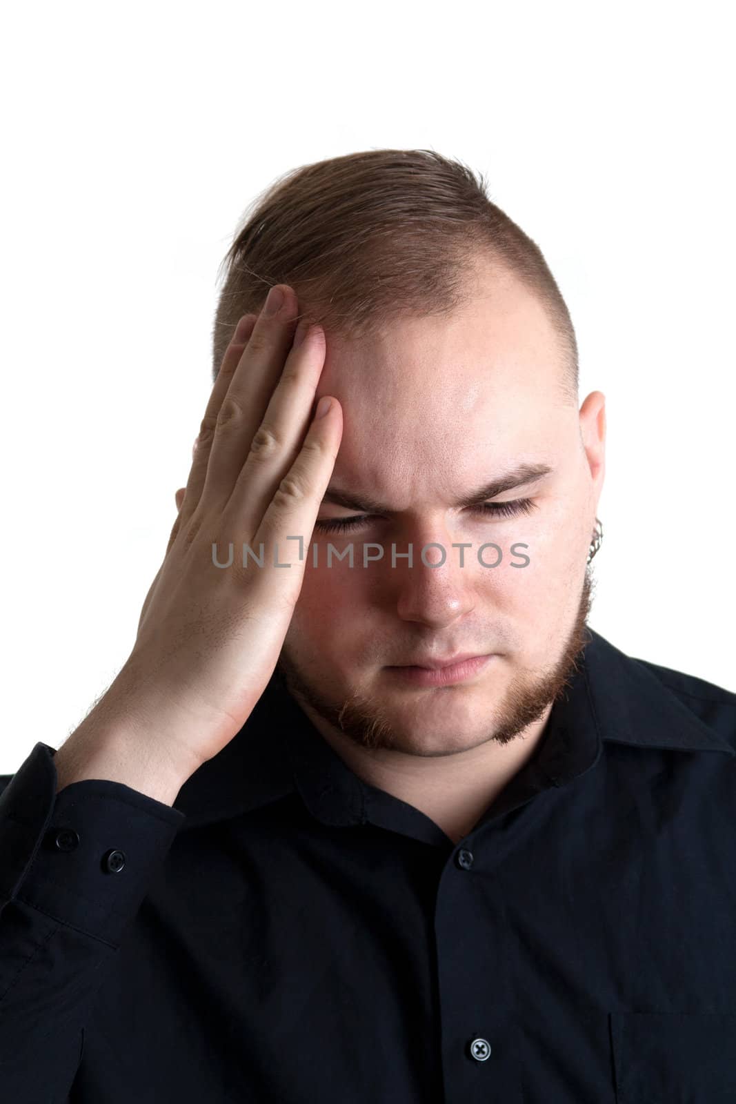 Sad man with hands on head isolated on white 