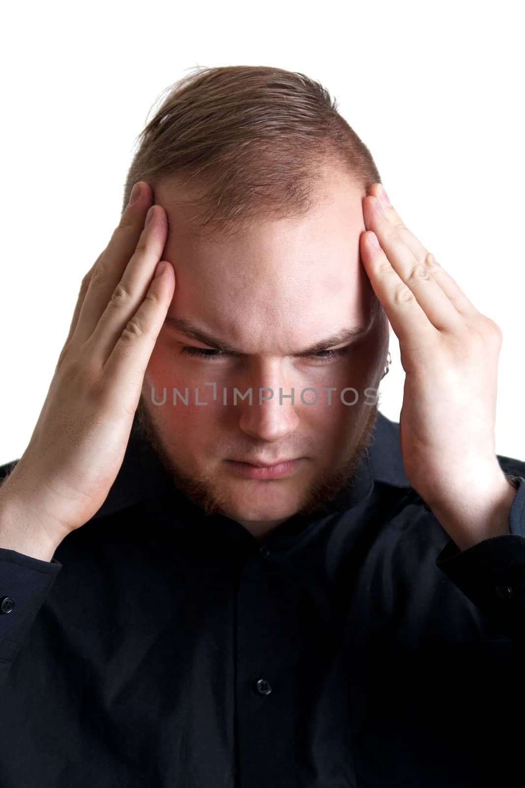 Sad man with hands on head isolated on white 