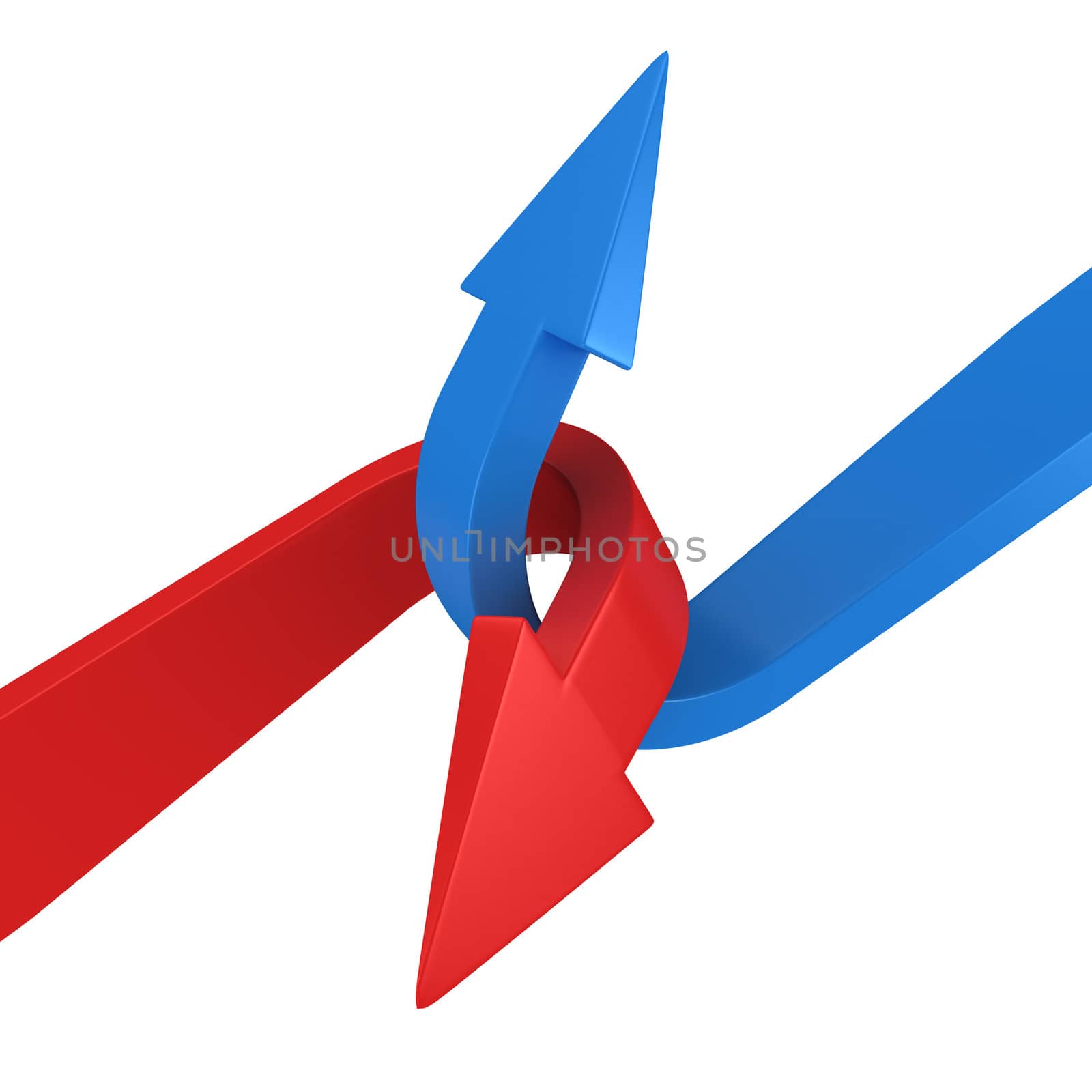Blue and red arrows connecting on the white background