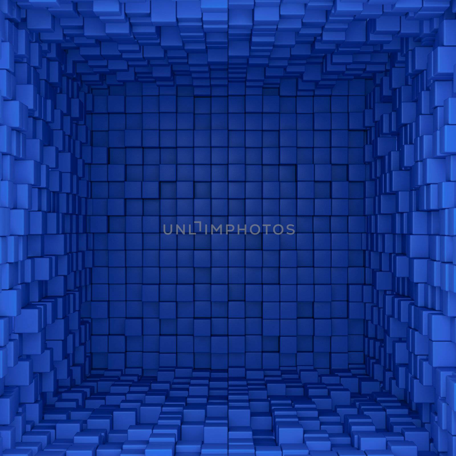 Inside of a box with blue tiled surfaces