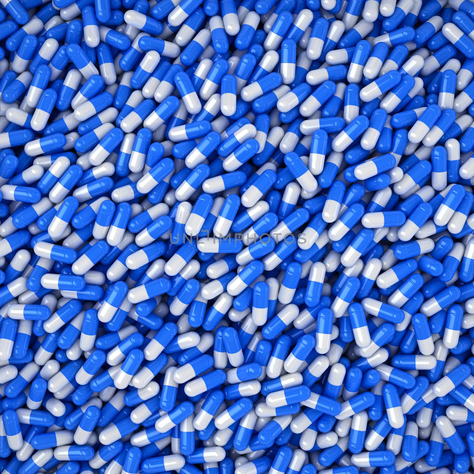 Heap of blue and white capsules, three-dimensional computer graphic.