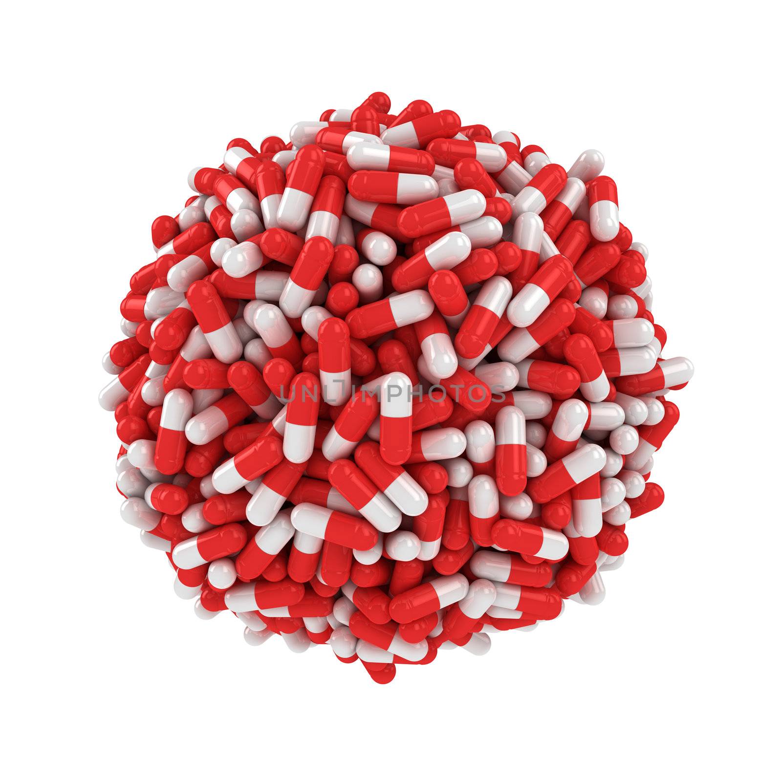 Big sphere made from many red-white capsules