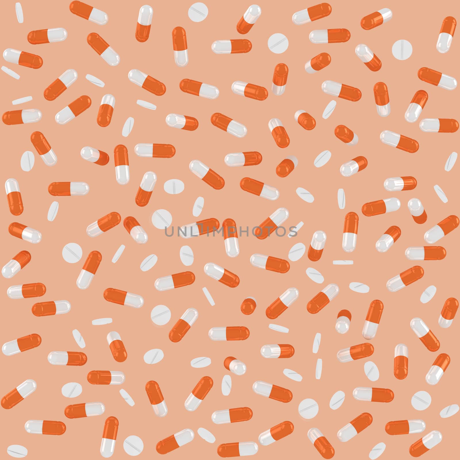 Orange pills and white tablets on pastel background, seamless