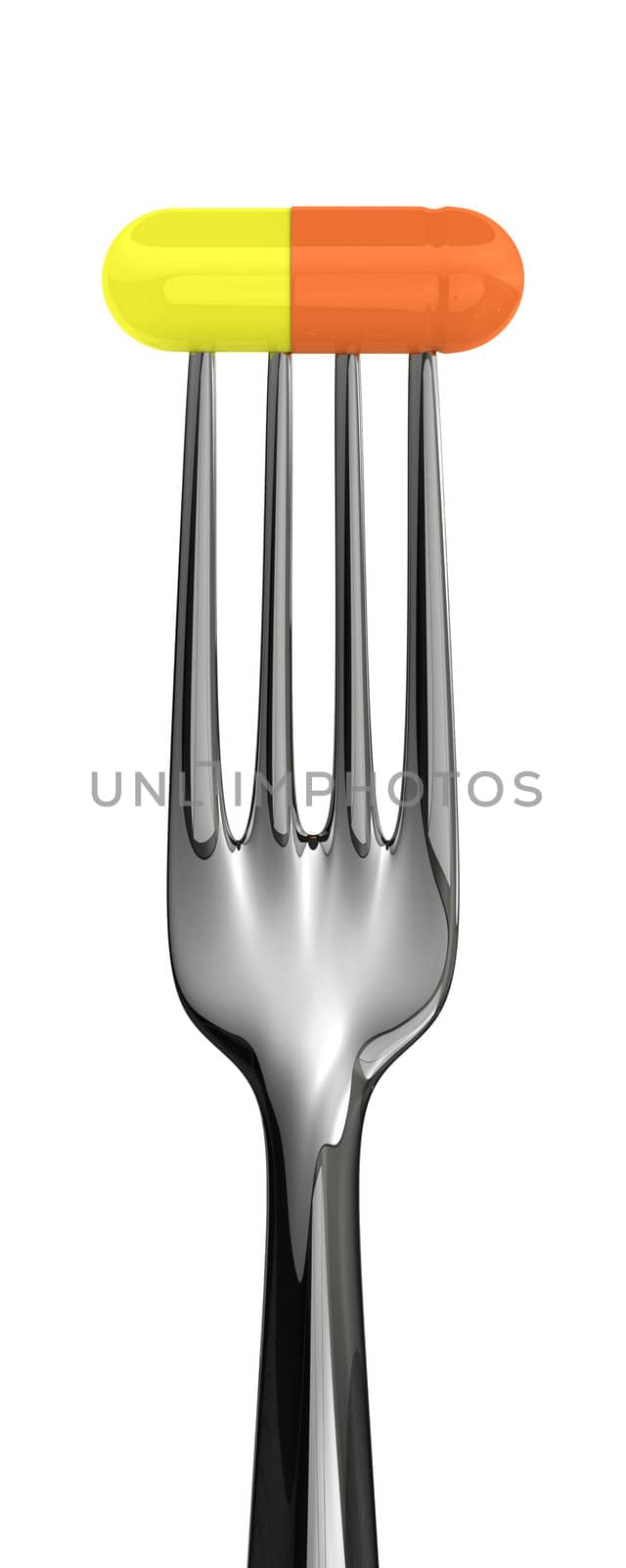 Silver fork with a pill isolated on the white background