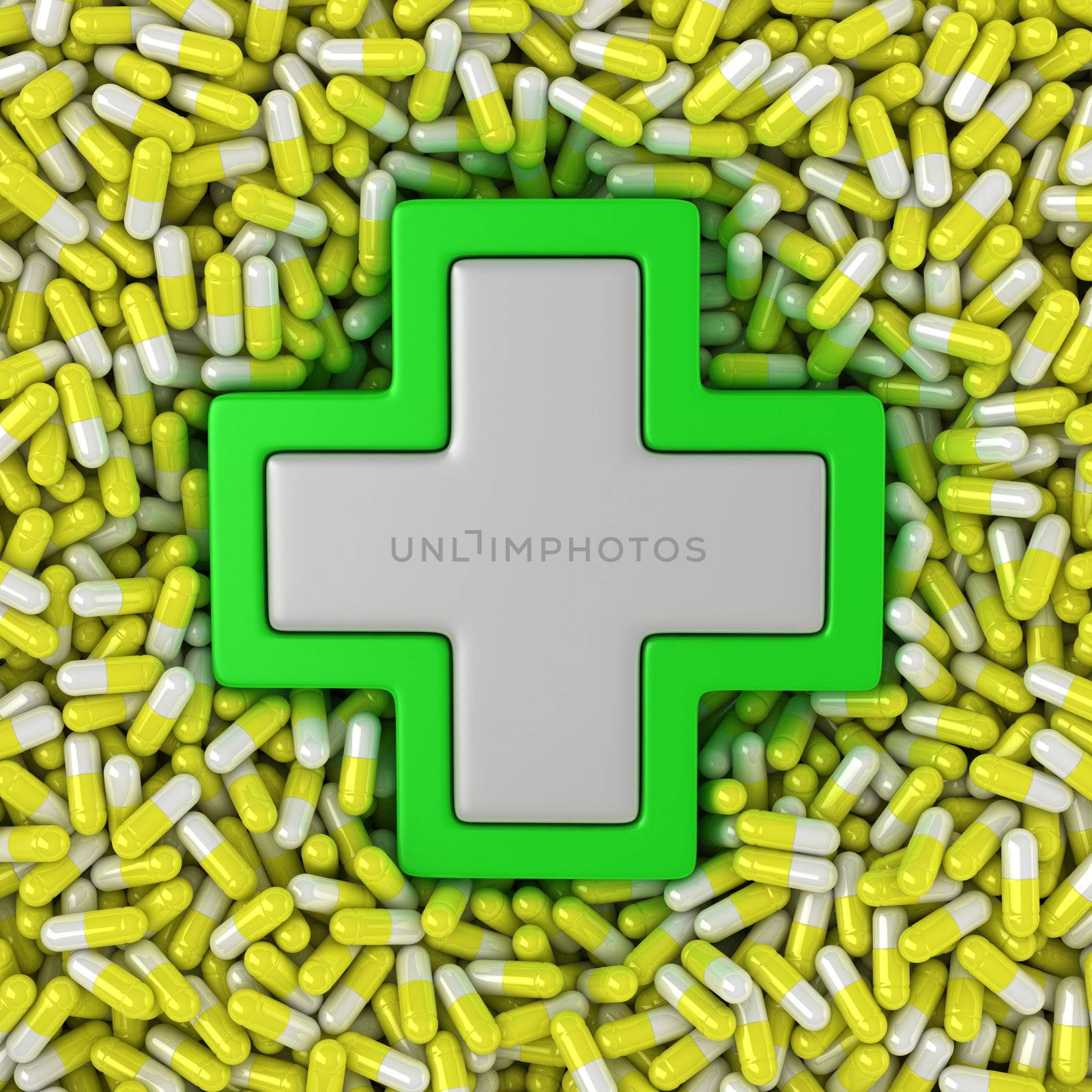 Medical cross sign on the yellow pills background