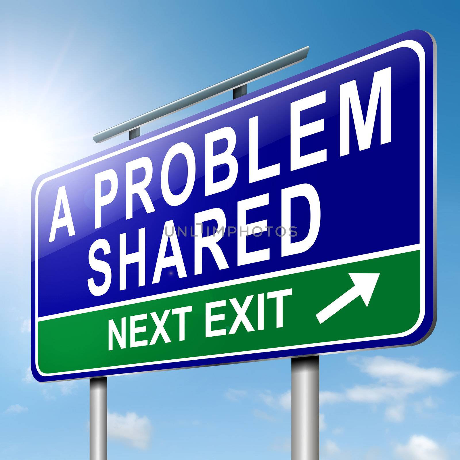 Illustration depicting a roadsign with 'a problem shared' concept. Blue sky background.