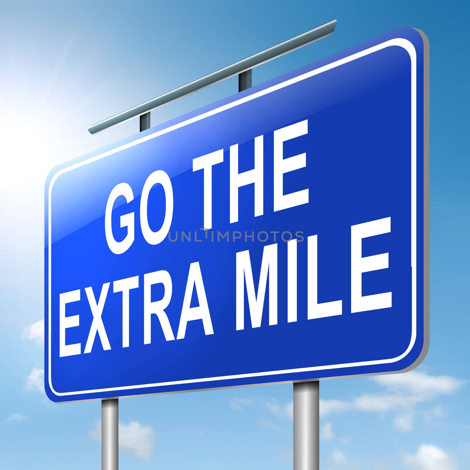 Illustration depicting a roadsign with a 'go the extra mile' concept. Sky background.