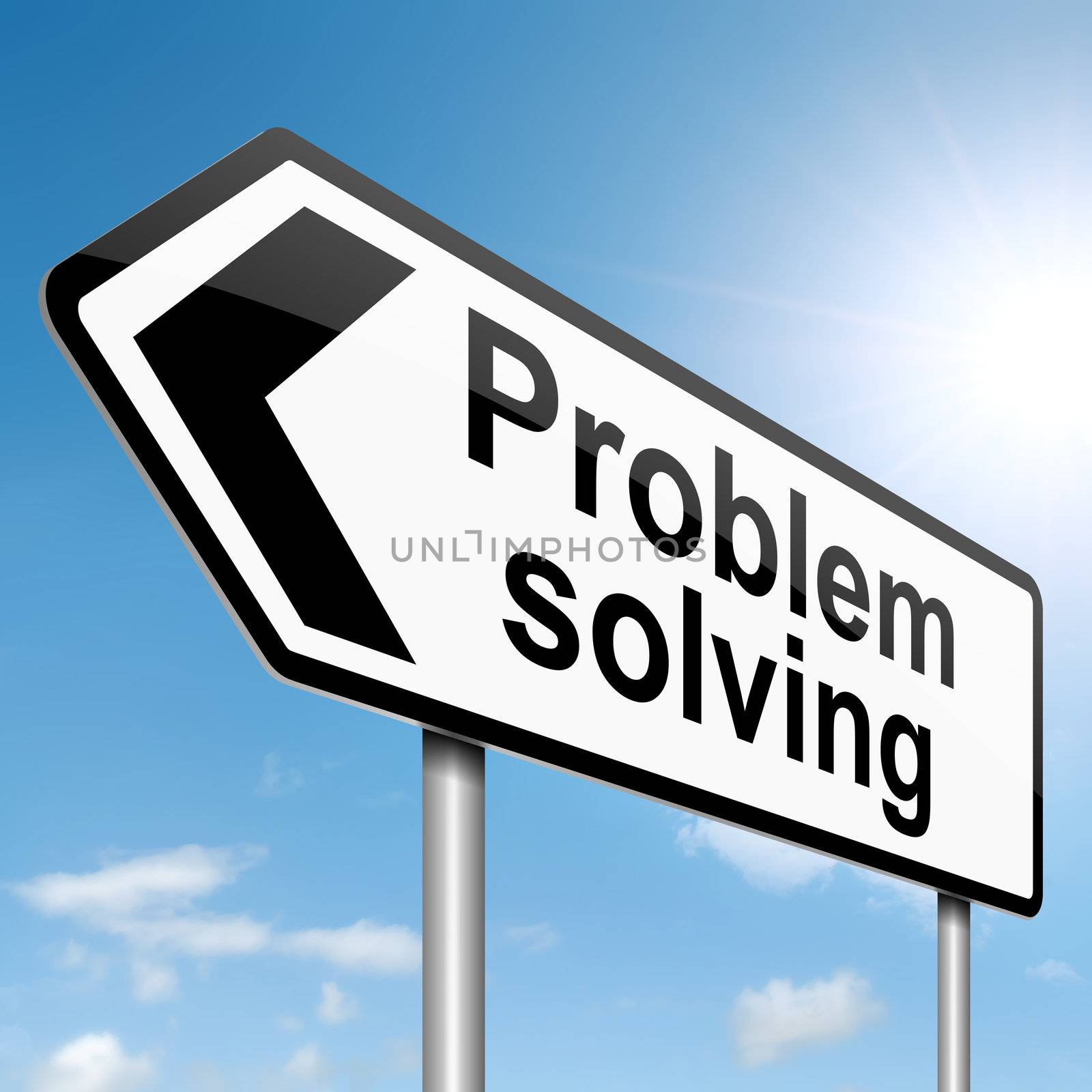 Illustration depicting a roadsign with 'a problem shared' concept. Blue sky background.