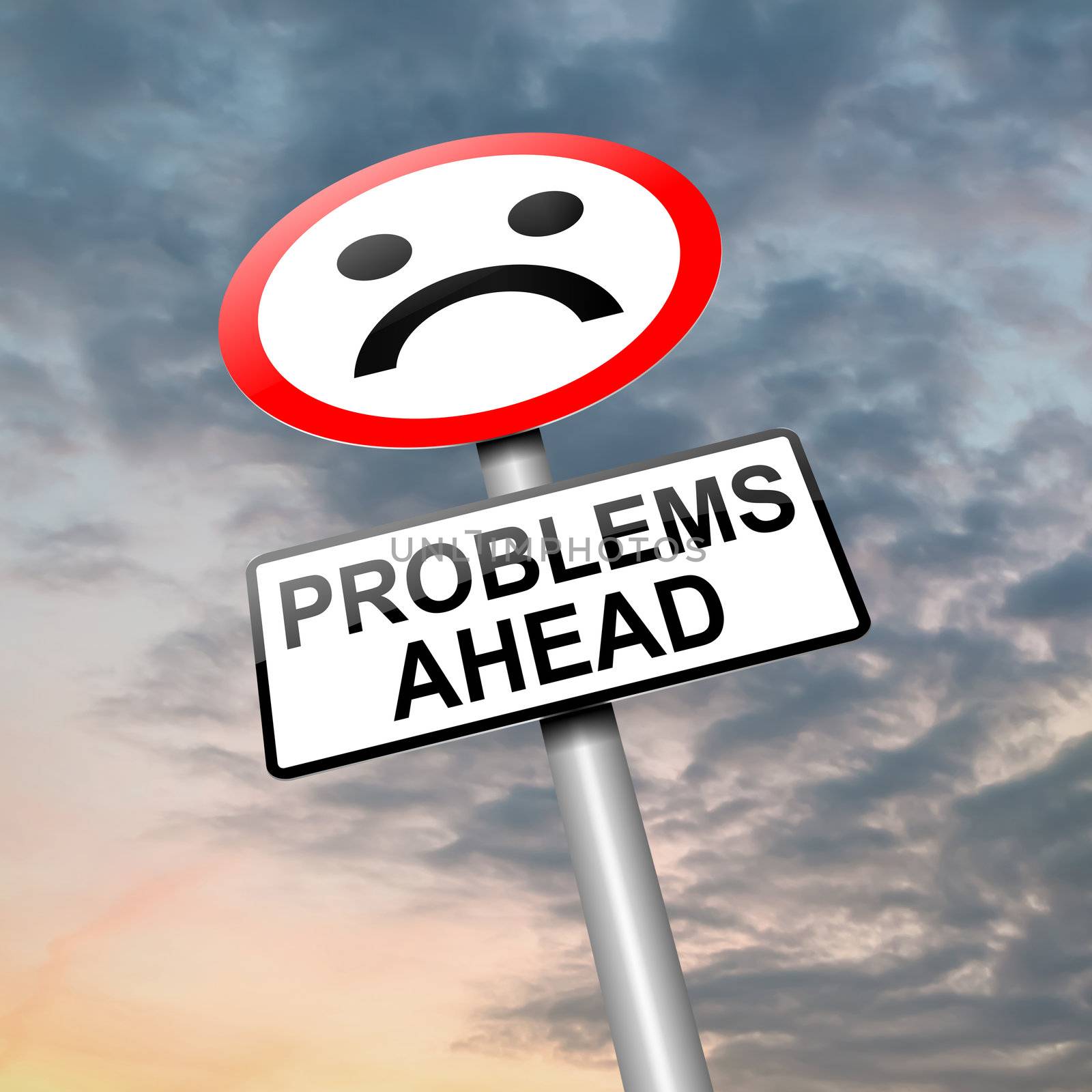 Illustration depicting a roadsign with a problem concept. Cloudy sky background.