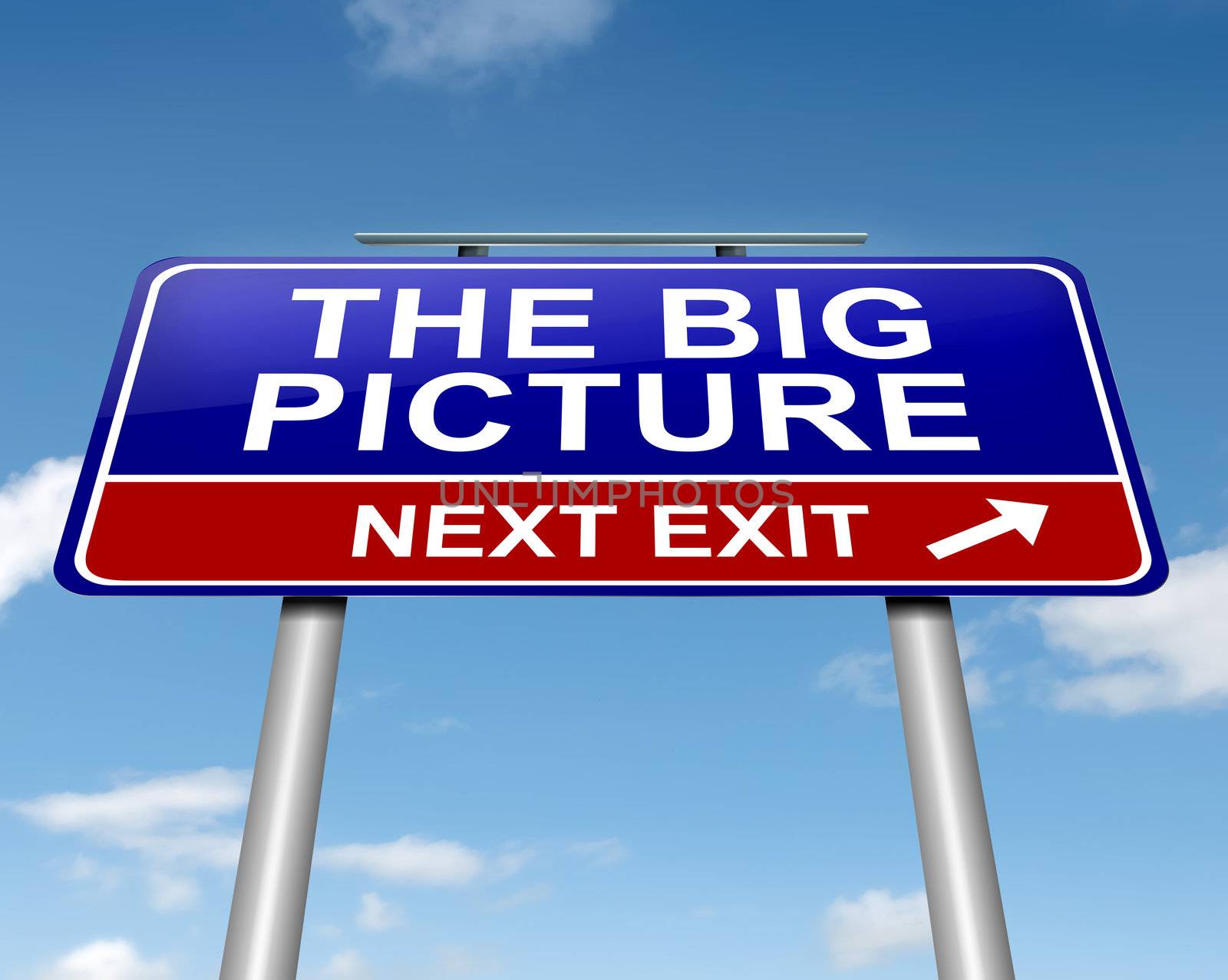 Illustration depicting a roadsign with 'the big picture' concept. Sky background.