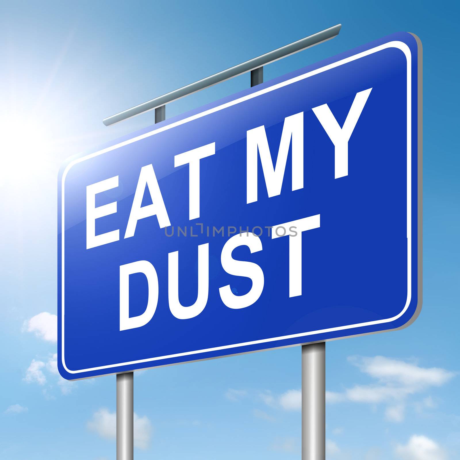 Illustration depicting a roadsign with an eat my dust concept. Sunlight background.