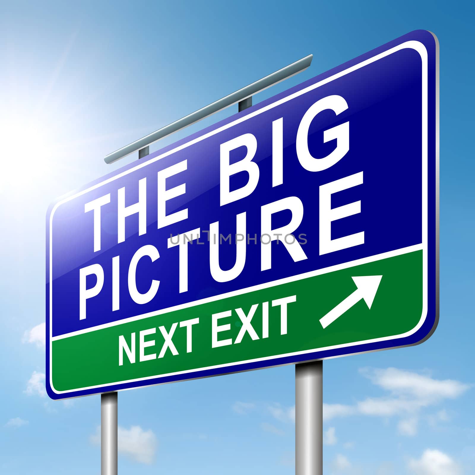 Illustration depicting a roadsign with 'the big picture' concept. Sky background.