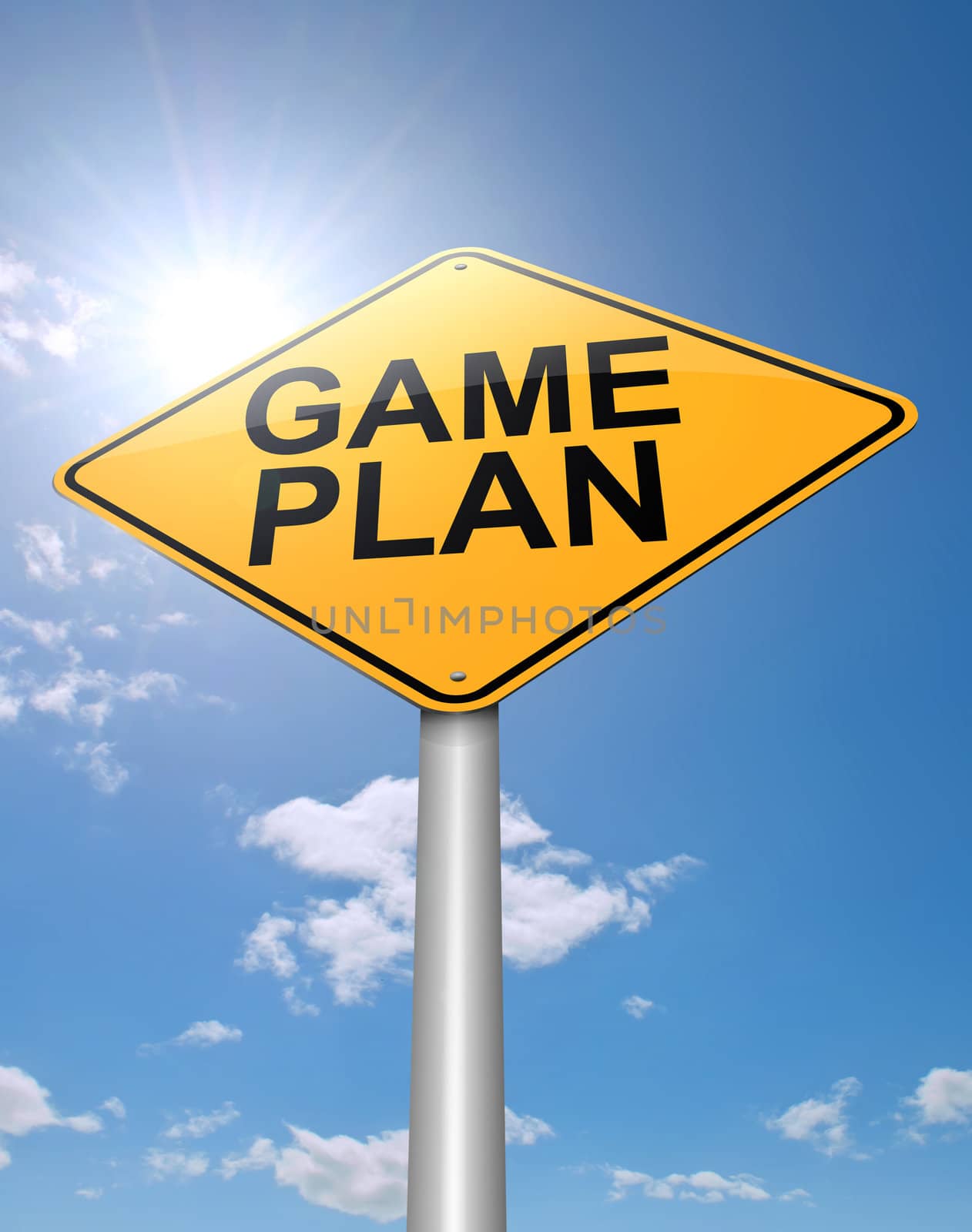Illustration depicting a roadsign with a game plan concept. Sunlight and sky background.