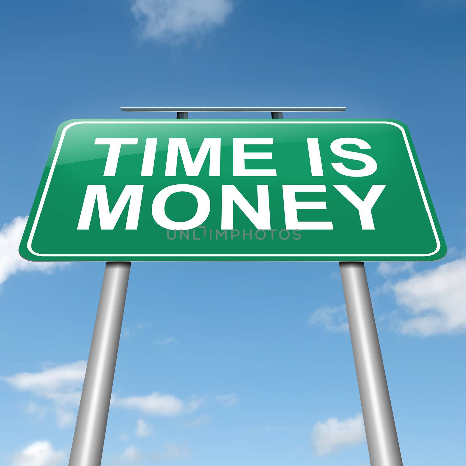 Illustration depicting a roadsign with a time is money concept. Sky background.
