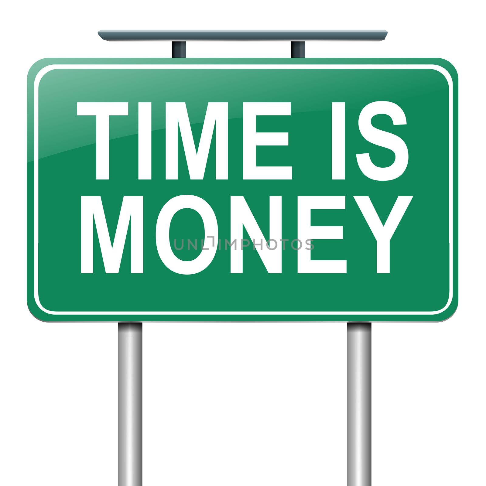 Illustration depicting a roadsign with a time is money concept. White background.