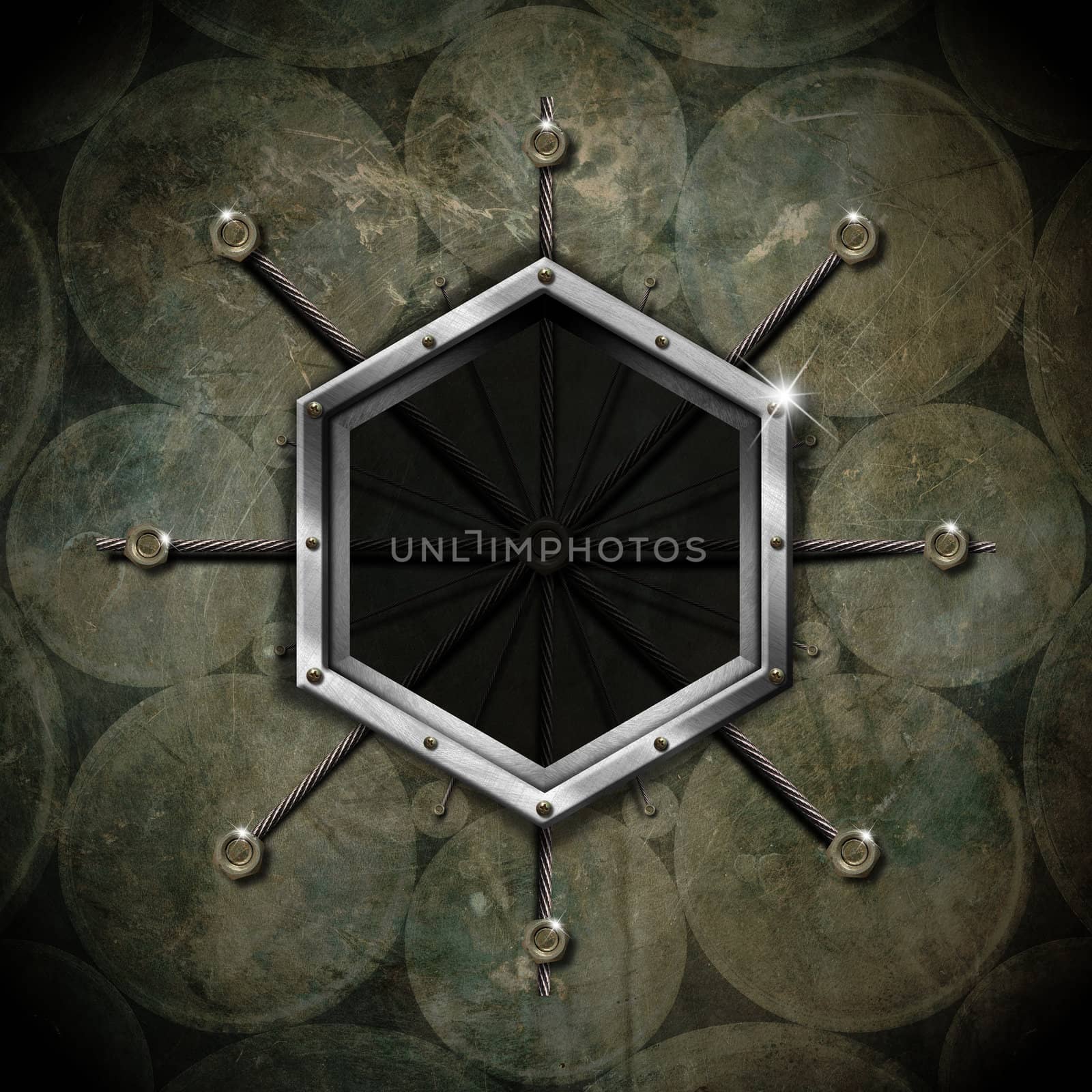 Empty metallic hexagonal frame on a grunge green background
