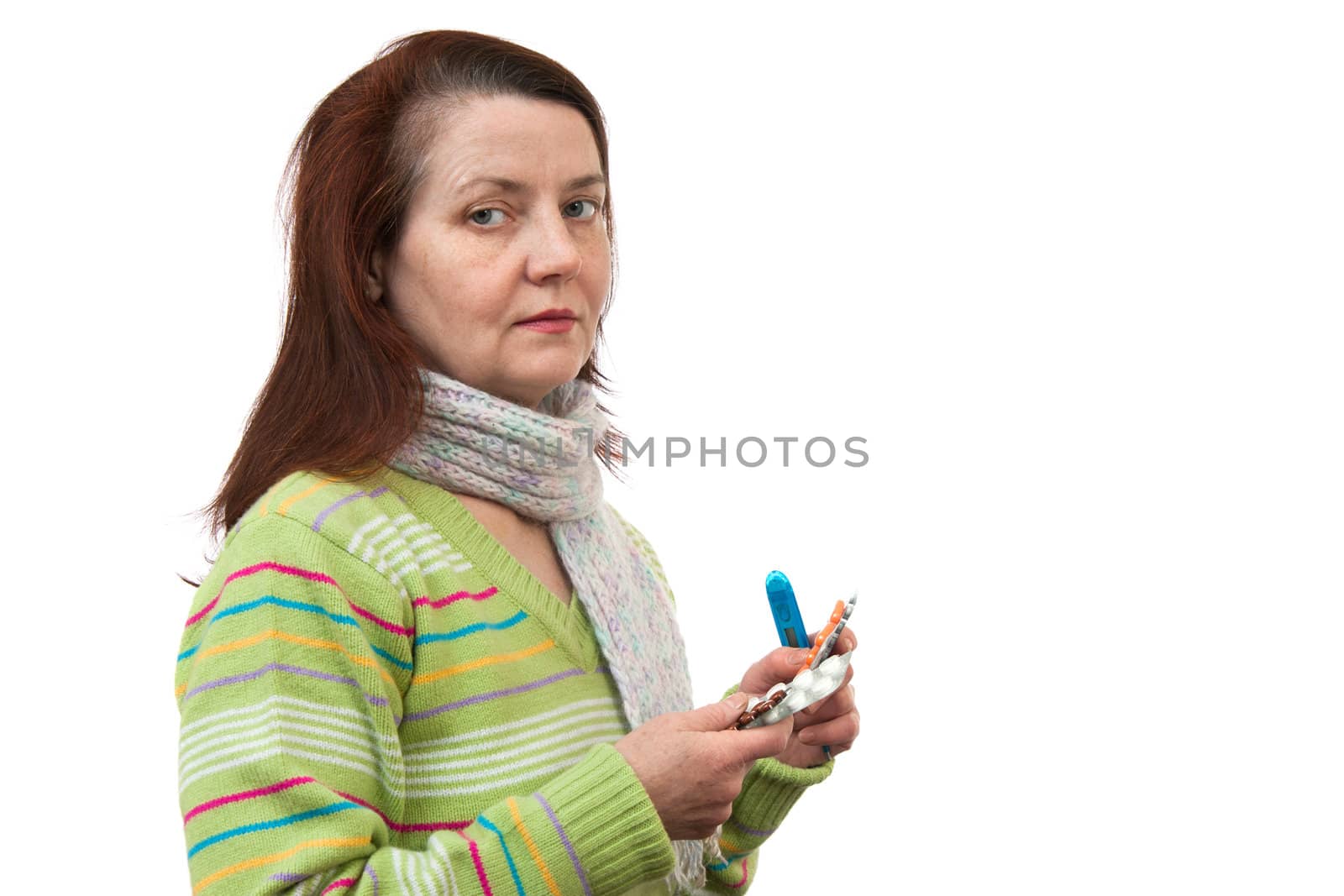 Woman with medicines- isolated on white background