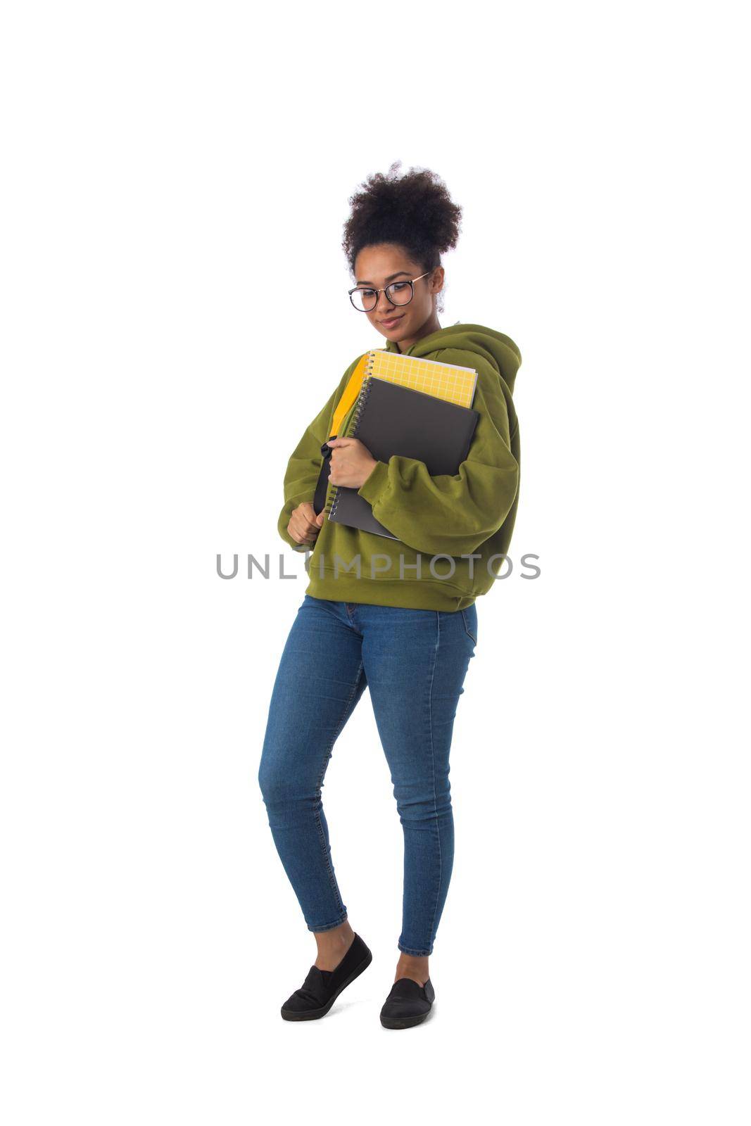 Full length portrait of pretty smiling african american girl university student isolated on white background