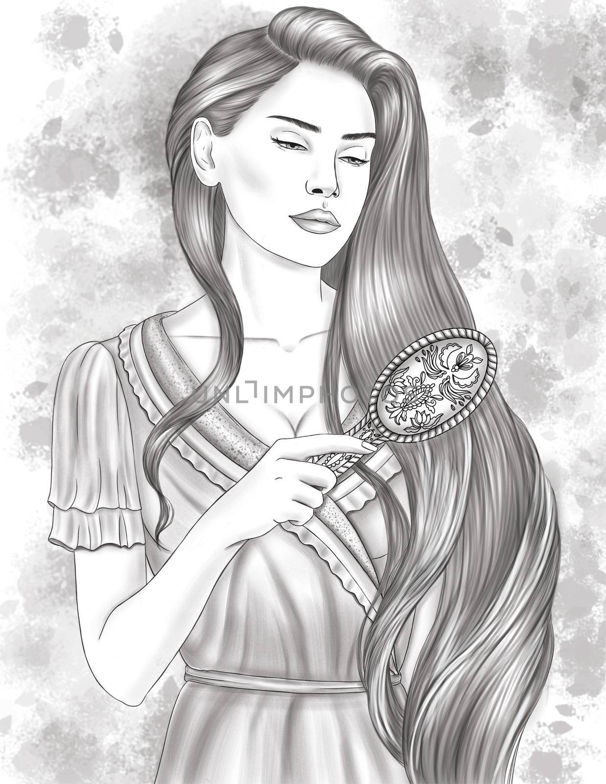 Woman In Gown Standing Greyscale Line Drawing Combing Long Beautiful Hair. Lady In Dress Grooming Head Haircut Coloring Book Page. by nialowwa