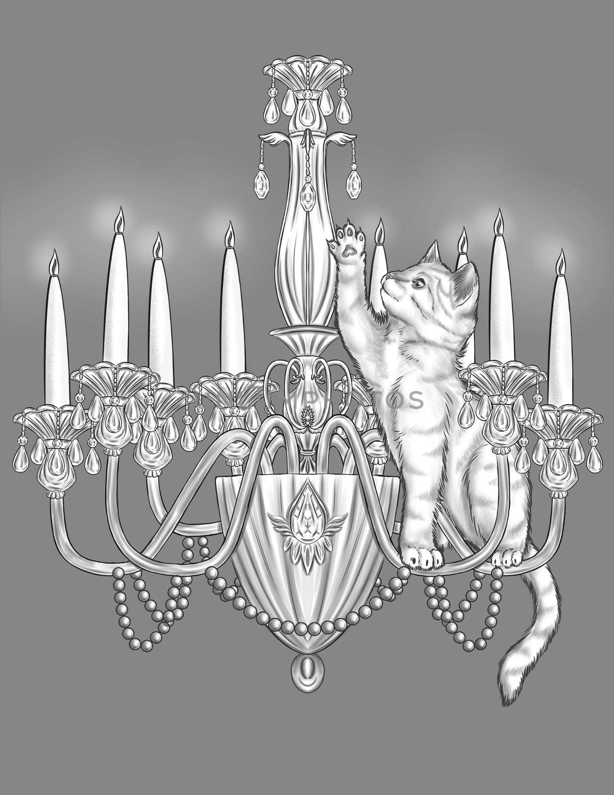 Playful Cat On Top Of A Lit Candle Chandelier Raising Paw Colorless Line Drawing. Small Feline Hanging On Ceiling Light Coloring Book Page. by nialowwa