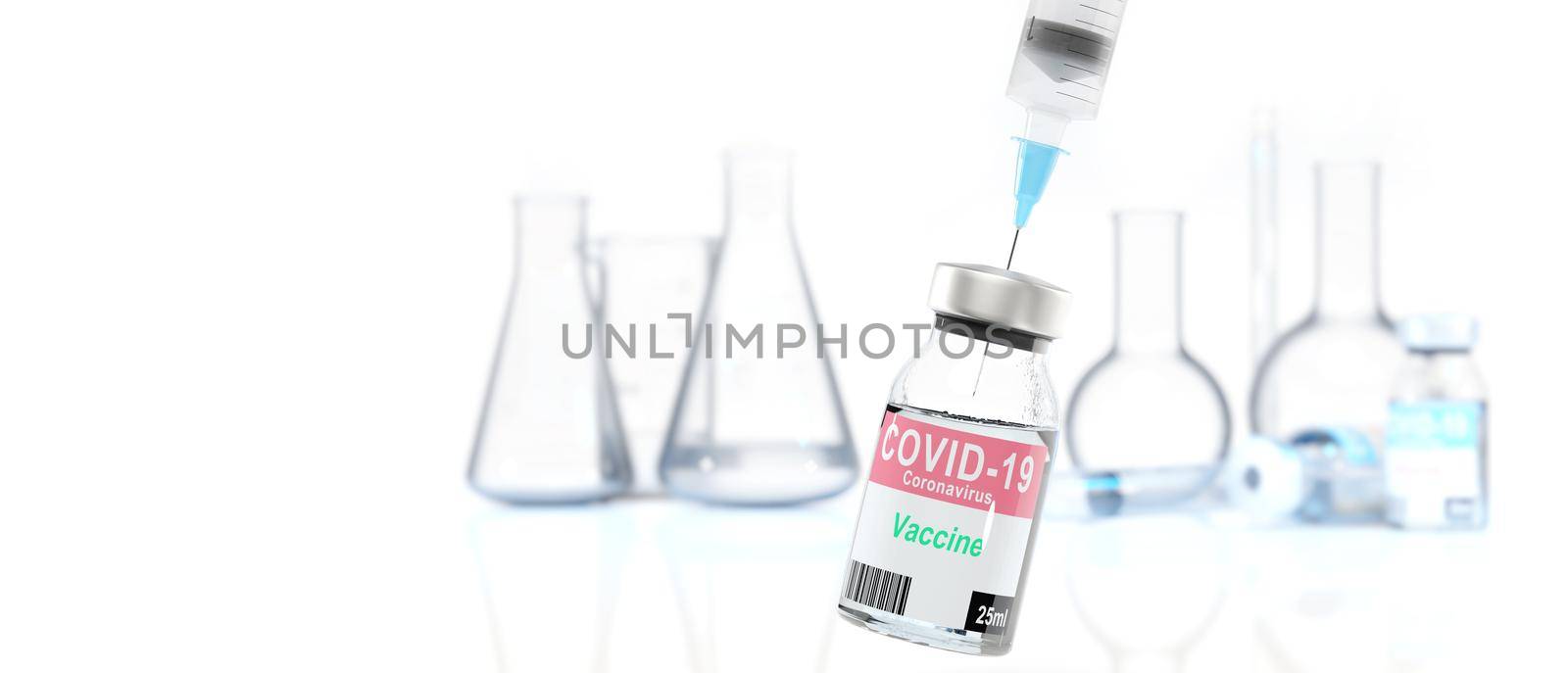 Medical syringe with a needle and a bollte with vaccine. 3D rendering by Taut