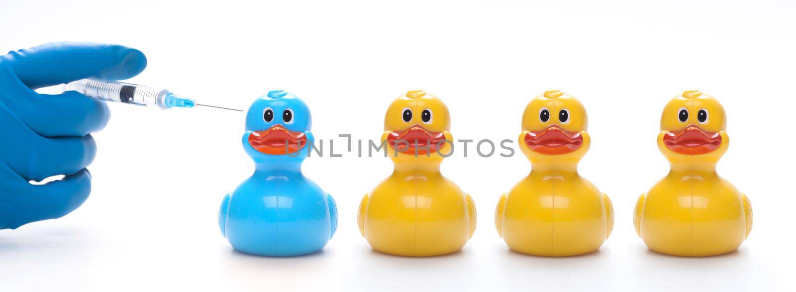 Medical syringe with a needle for vaccination on a duck toy. by Taut