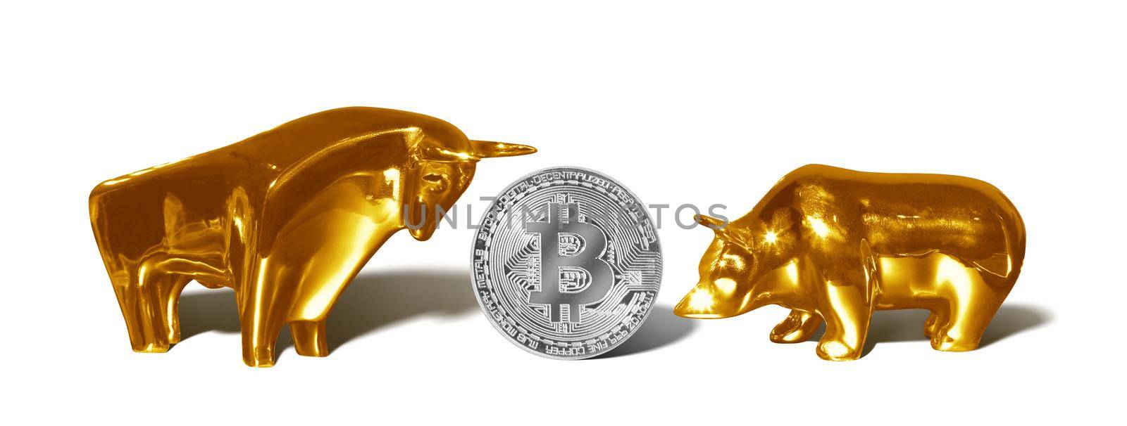 Bitcoin with bull. Virtual crypto currency coin. Blockchain technology. by Taut