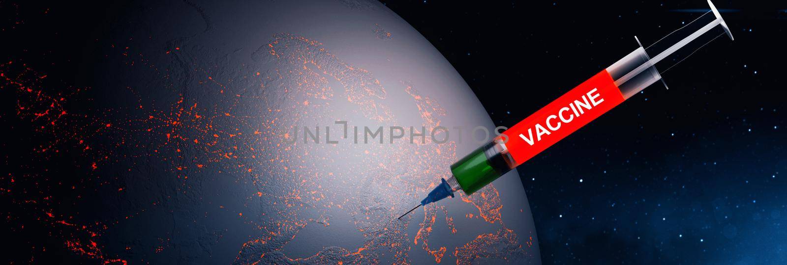 Medical syringe with a needle vaccinated the planet Earth. 3D rendering. Elements of this image furnished by NASA. by Taut