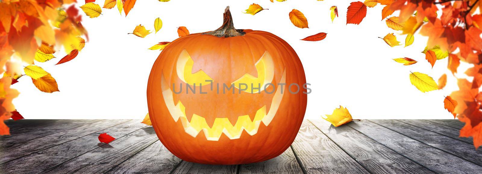 Scary Halloween pumpkin with eyes glowing inside on wooden background by Taut