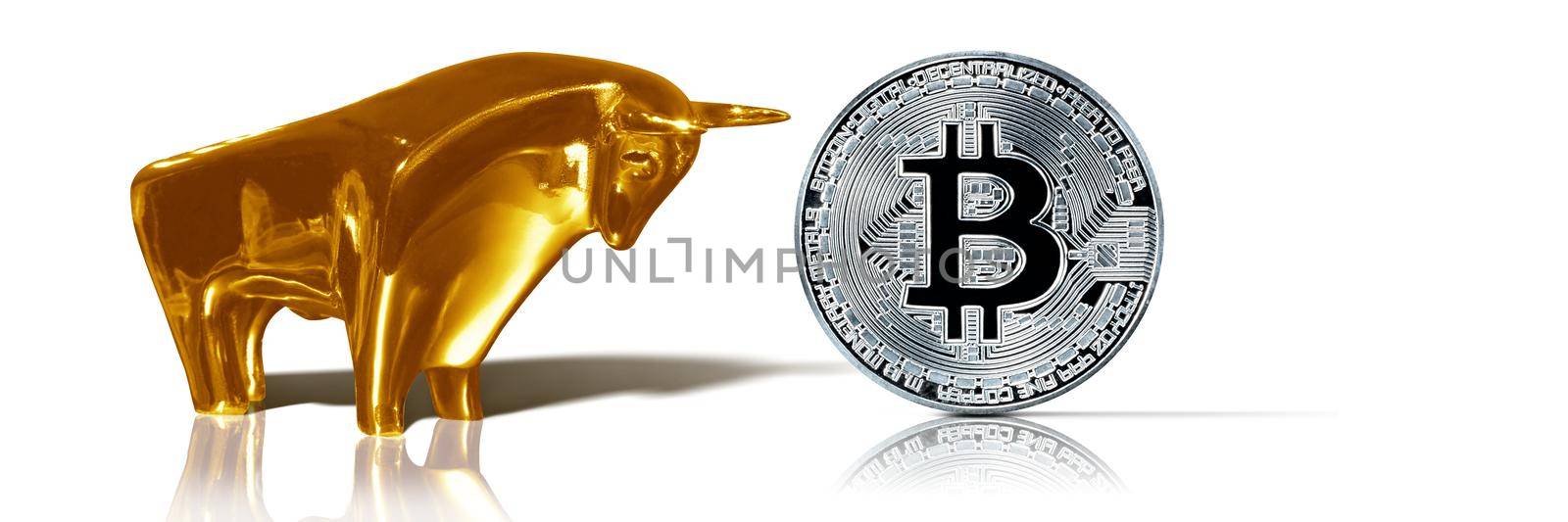 Bitcoin with bull. Virtual crypto currency coin. Blockchain technology. by Taut