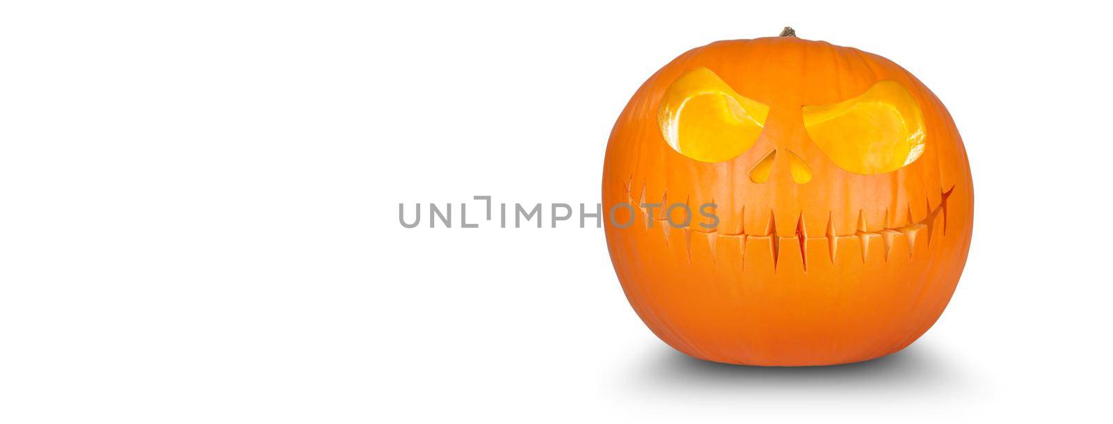 Scary Halloween pumpkin with eyes glowing inside on white background by Taut