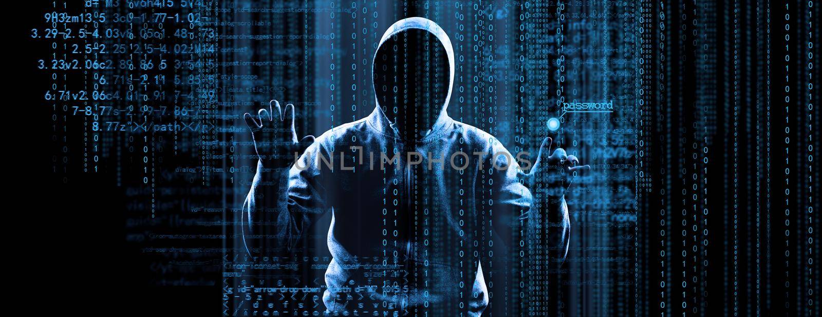 Anonymous internet hacker in front of computer. Web crime concept by Taut