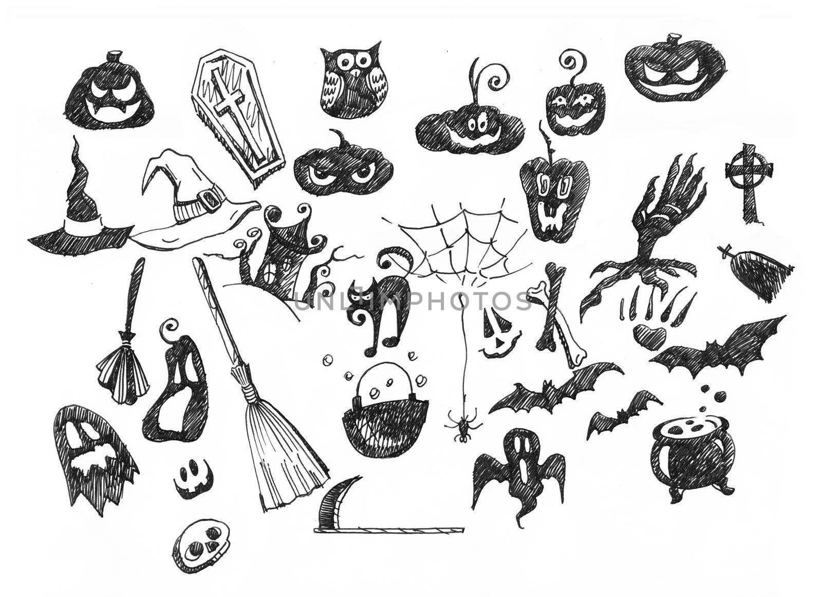 Halloween decoration and background concept. Hand drawn collection