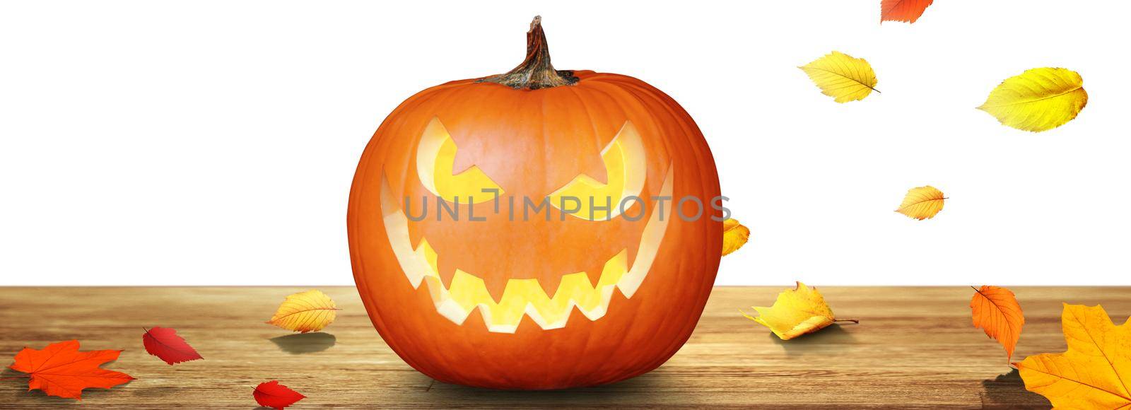 Scary Halloween pumpkin with eyes glowing inside on wooden background by Taut