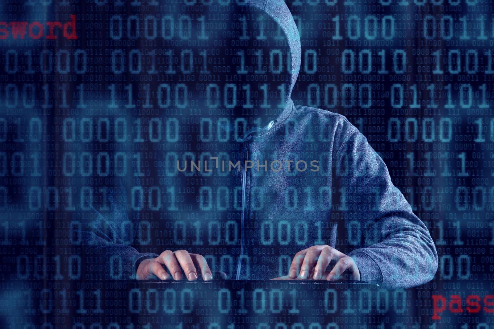 Anonymous internet hacker in front of computer. Web crime concept by Taut