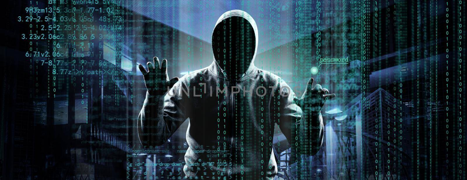 Anonymous internet hacker in front of computer. Web crime concept by Taut