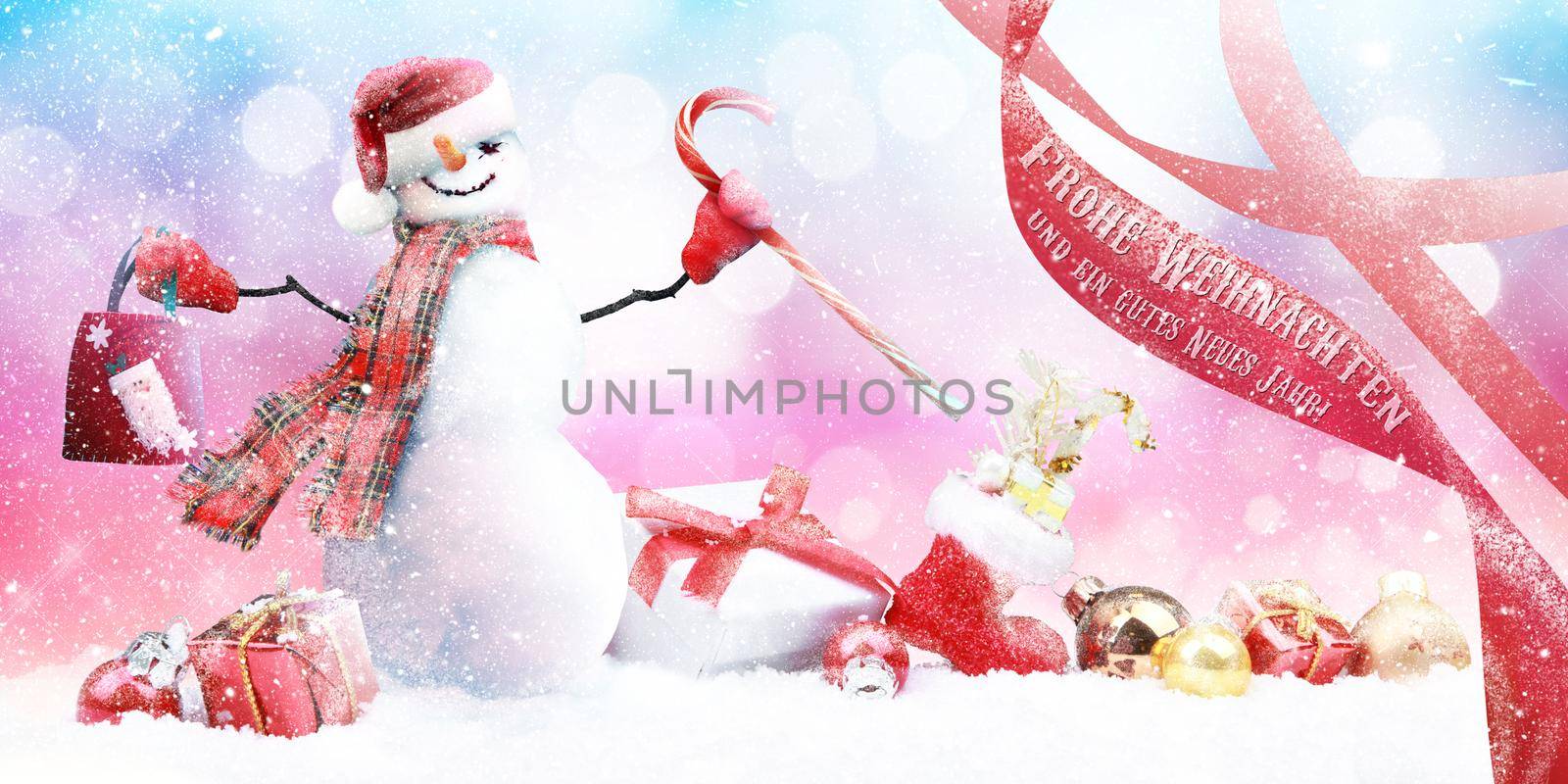 Happy snowman standing in winter christmas landscape.