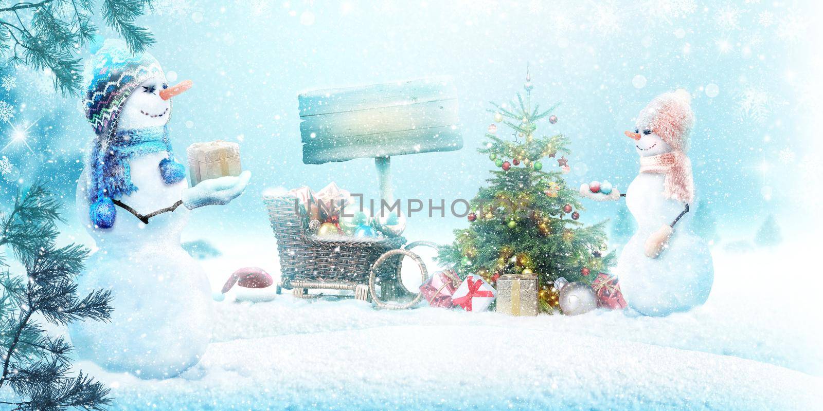 Happy snowman standing in winter christmas landscape.