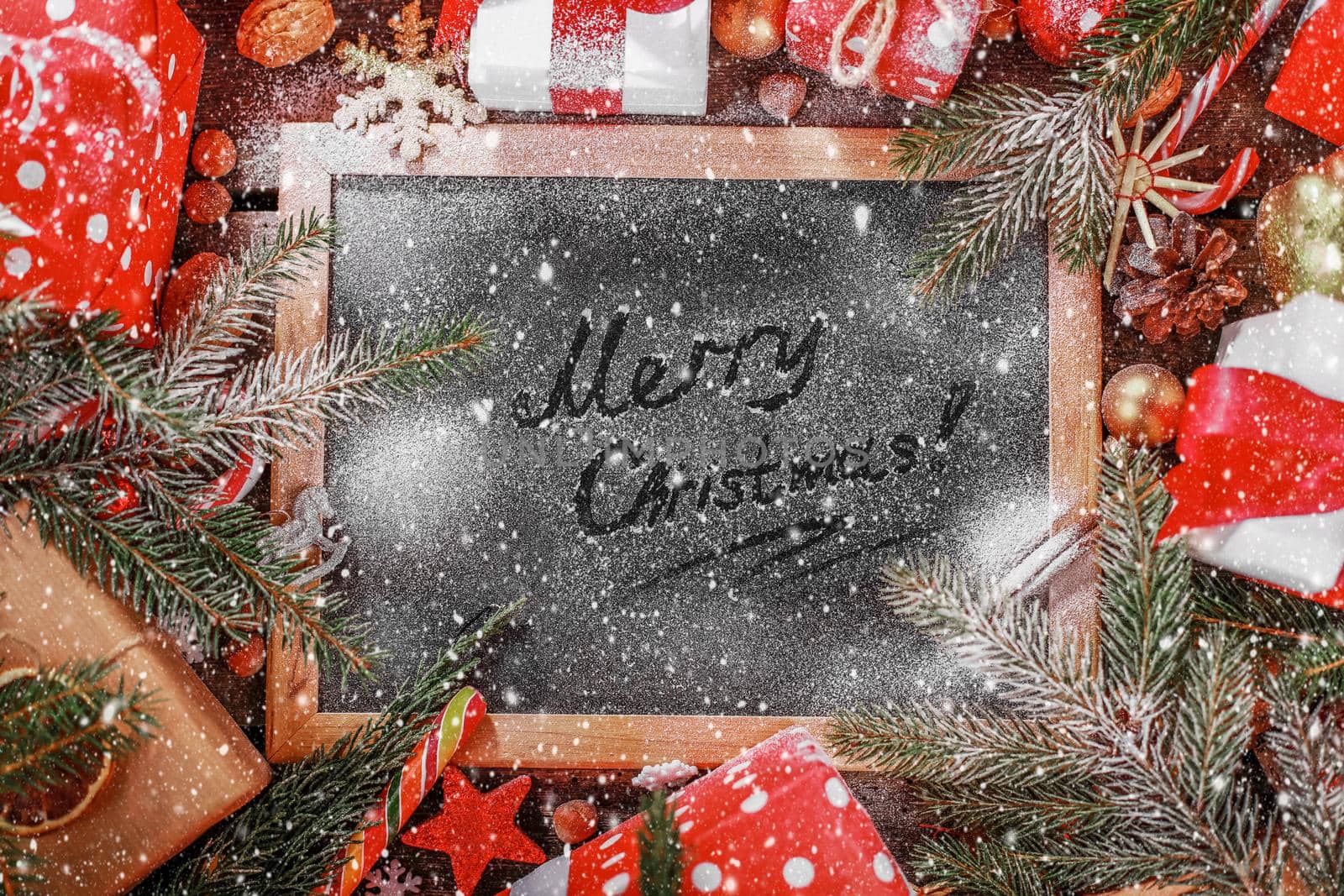 Vintage wooden Blackboard. Merry Christmas holiday concept.