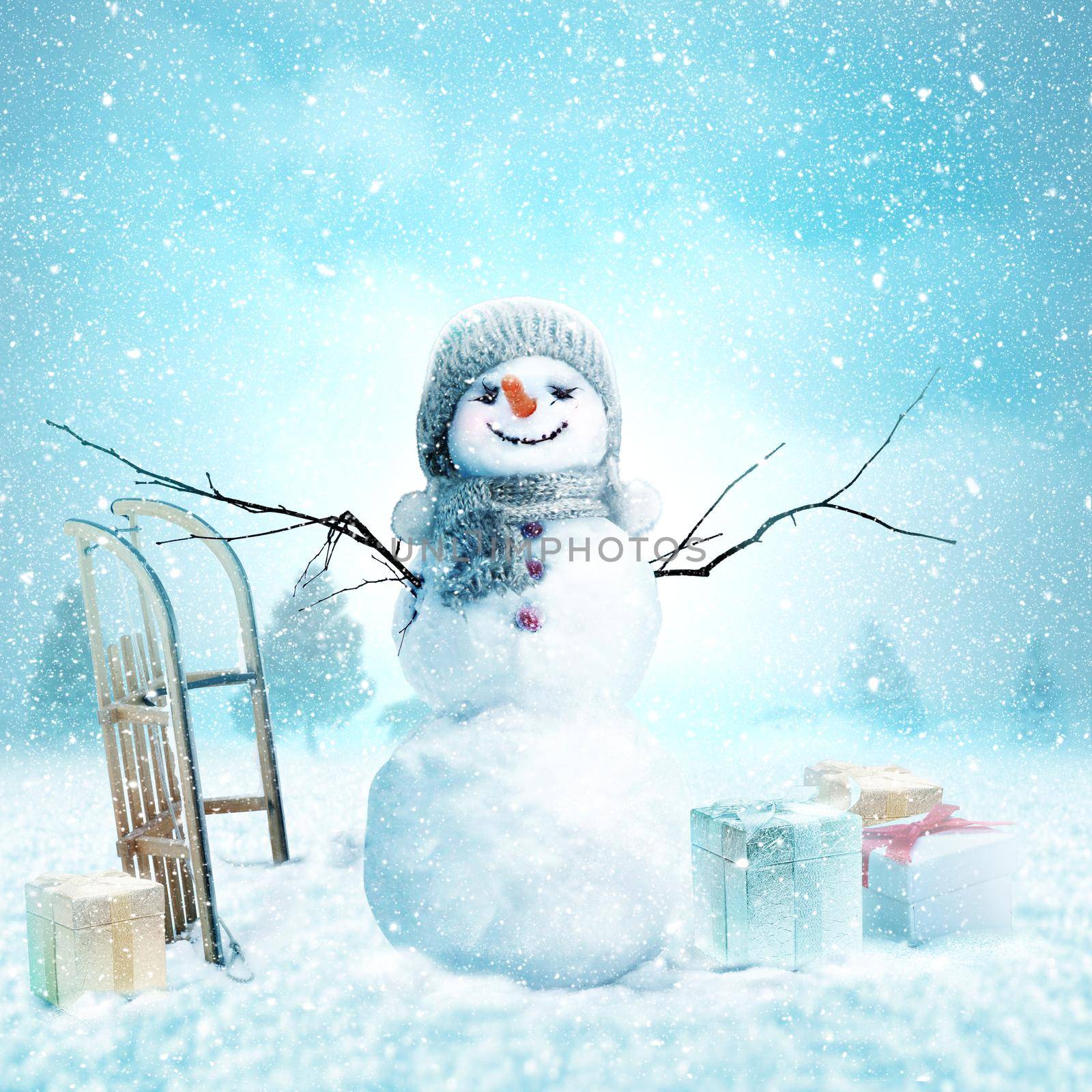 Happy snowman standing in winter christmas landscape.