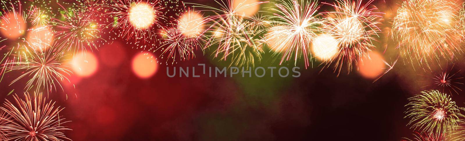 Colorful firework with bokeh background. New Year celebration, Abstract holiday background