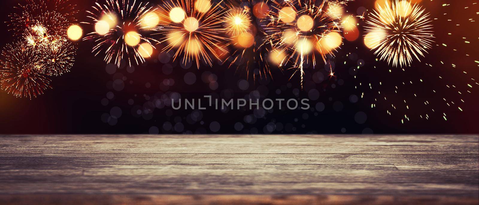 Colorful firework with bokeh background. New Year celebration, Abstract holiday background