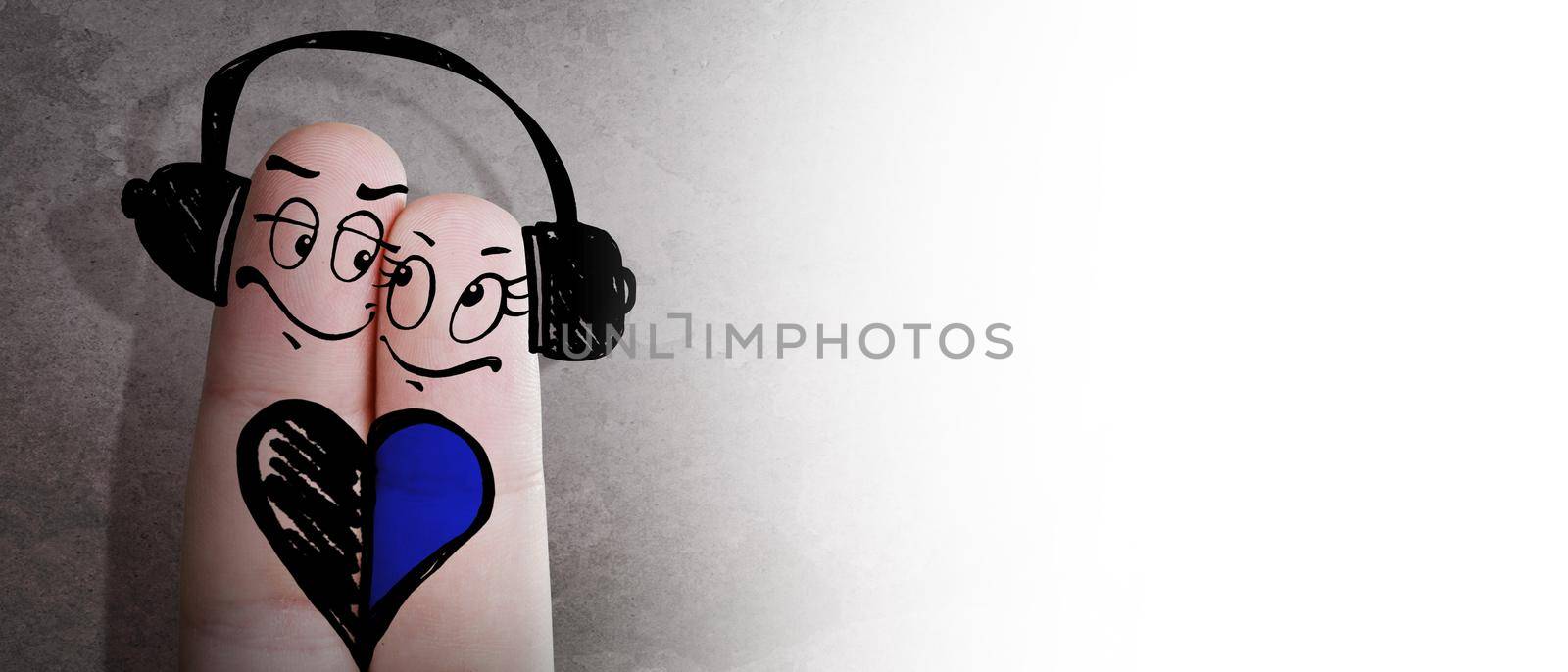 Happy finger couple in love with headphone. 3d illustration. by Taut