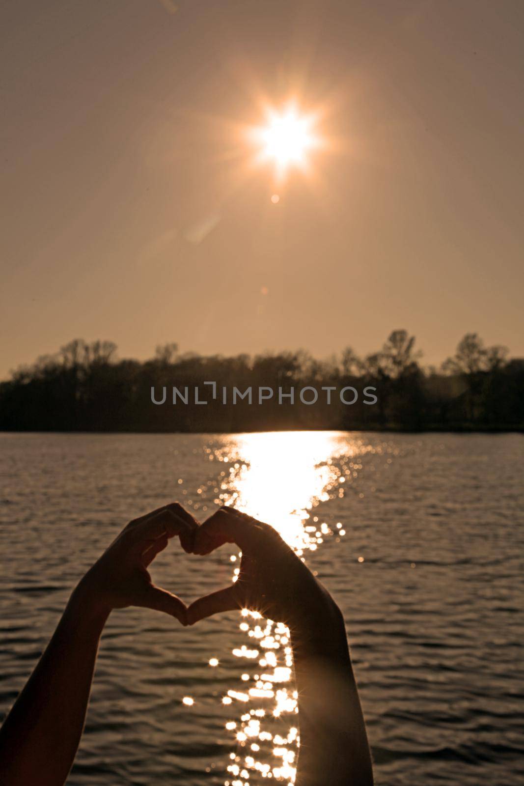 Hand shaped heart against sunset. Valentines day concept by Taut