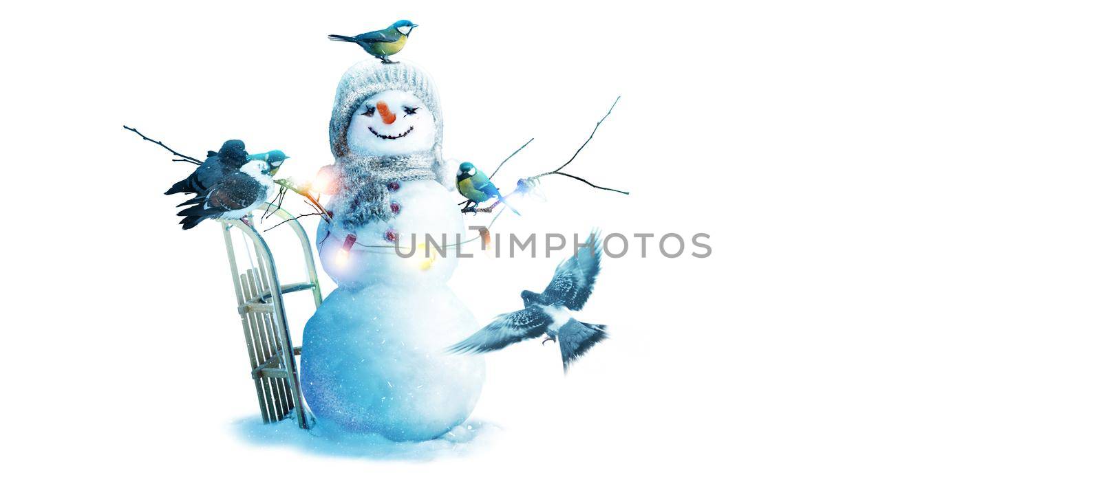 Happy snowman standing in winter christmas landscape.